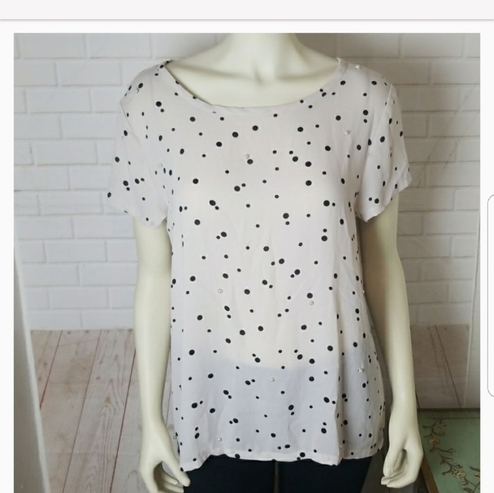 Loft Polka Dot Black and White  Pearl Accented Blouse Size Large